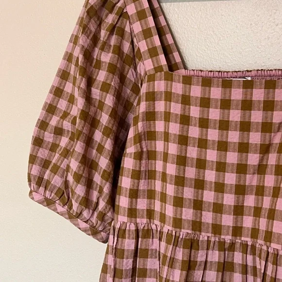 Madewell Pink and Olive Green Gingham Plaid Mini Babydoll Puff Sleeve Dress - Picture 6 of 9